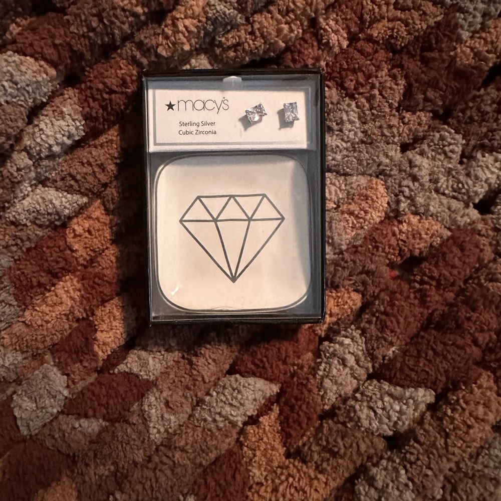 Macy's Sterling Silver Cubic Zirconia Stud earrings and ceramic trinket tray